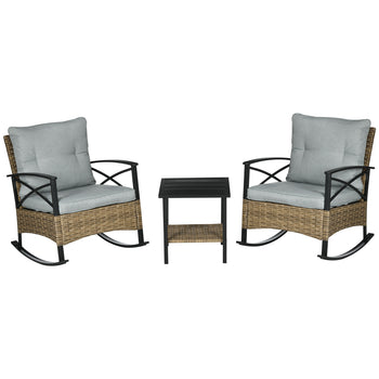 3 Piece Patio Rocking Chair Set, Outdoor Wicker Bistro Set with 2 Oversize Cushioned Porch Rockers and 2 Tier Coffee Table for Garden, Backyard, Light Gray
