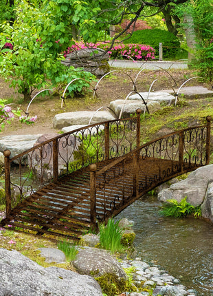 7' Metal Arch Garden Bridge Arc Footbridge with Side Railings Decorative Scrollwork, Bronze