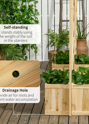 Decorative Outdoor Privacy Screen, Freestanding Divider/Separator with 4 Self-Draining Planters, 3 Trellis Plant Support Panels for Garden Walkway, Backyard, Natural Wood