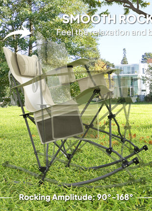 Folding Rocking Camping Chairs, Portable Chairs with Headrest, Cooler Bag, Cup Holder, Carry Bag, 2 Pack, Cream