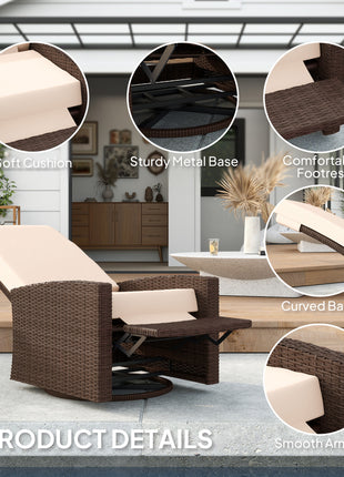 Outdoor Wicker Swivel Recliner Chair, Lifting Footrest, 360° Rotating Basic, Water-resistant Cushions, Cream White