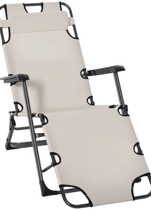 Folding Chaise Lounge Chair for Outside, 2-in-1 Tanning Chair with Pillow & Pocket, Adjustable Pool Chair for Beach, Patio, Lawn, Deck, Cream White