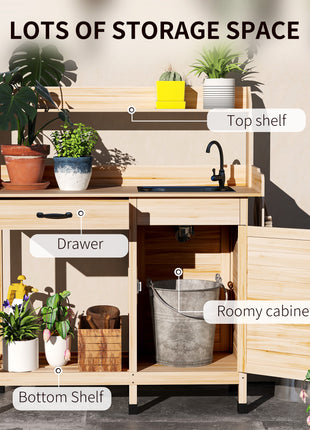 Potting Bench Table with Removable Sink, Outdoor Work Bench Table with Storage Cabinet, Hooks, Faucet and Drawer for Greenhouse, Garden, Patio, Natural Wood