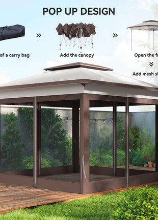 12' x 12' Pop Up Canopy Tent with Netting and Carry Bag, Instant Sun Shelter with 137 sq.ft Shade, Beige and Brown