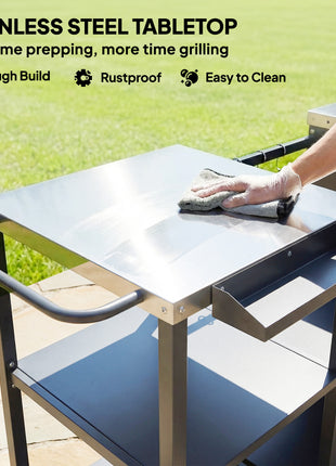 Grill Table for Big Green Egg Grill, Heavy Duty Metal BBQ Prep Table with Stainless Steel Top and Storage Cabinet, Black