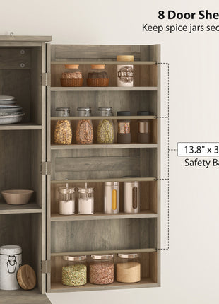 Farmhouse Kitchen Pantry, 72" Tall Pantry Cabinet with 4 Barn Doors, 4 Adjustable Shelves and 8 Door Shelves, Gray Wash