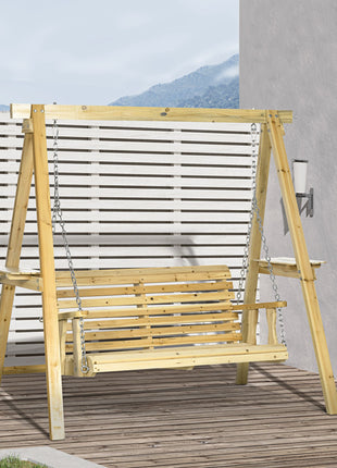 2-Seat orch Swing with Stand, Wooden Patio Swing Chair with Side Tables and Metal Chains, Outdoor Hanging Bench for Garden, Poolside, Backyard, Natural Wood