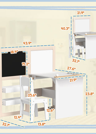 3 in 1 Kids Table and Chair Set with Storage, Whiteboard, Blackboard & Roll Paper for 3-8 Years, White
