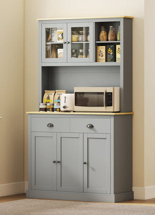 Freestanding Kitchen Cabinet, 71" Tall Pantry Cabinet, Modern Hutch with Wide Countertop, Adjustable Shelves, Gray