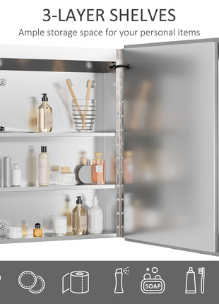 Wall-Mounted Plug-In Bathroom Organizer with 3 Storage Shelves, LED Lighted Medicine Cabinet with Mirror
