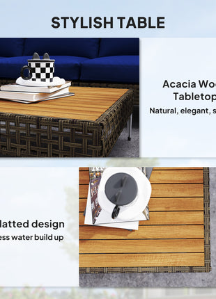 7 Piece Wicker Patio Furniture Set, Modular Outdoor Sectional with Thickened Cushions, Acacia Wood Table, Brown/Blue