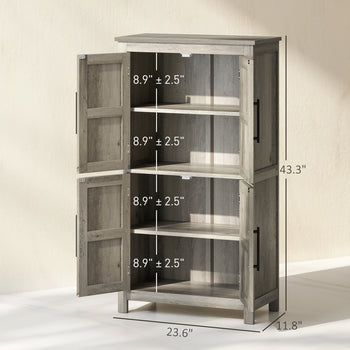 Bathroom Floor Storage Cabinet, Farmhouse Bathroom Cabinet with 4 Doors and Adjustable Shelf, Light Gray