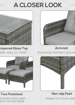 5 Pieces Rattan Wicker Lounge Chair Outdoor Patio Conversation Set with 2 Cushioned Chairs, 2 Ottomans and Tempered Glass Top Coffee Table, Gray/Light Gray