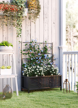 Outdoor Planter Box Galvanized Raised Garden Bed with Trellis for Climbing Vines, 35.4" x 15.7" x 47.2", Black