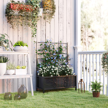 Outdoor Planter Box Galvanized Raised Garden Bed with Trellis for Climbing Vines, 35.4" x 15.7" x 47.2", Black
