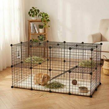 36 Panels Small Animal Playpen with Door, DIY C & C Cage for Guinea Pigs with Ramp, Portable Metal Wire Yard for Rabbit, Hedgehogs, 14 x 14 in