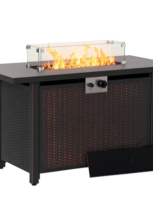 43 Inch Outdoor Propane Gas Fire Pit Table, 50,000 BTU Auto-Ignition Rectangular Wicker-effect Gas Firepit with Glass Wind Guard, Lid, Glass Beads, Steel Base, CSA Certification, Bronze