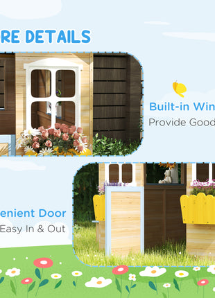 Wooden Playhouse for Kids Outdoor Garden with Working Door, Windows, Bench, Service Station, Flowers Pot Holder, Blue