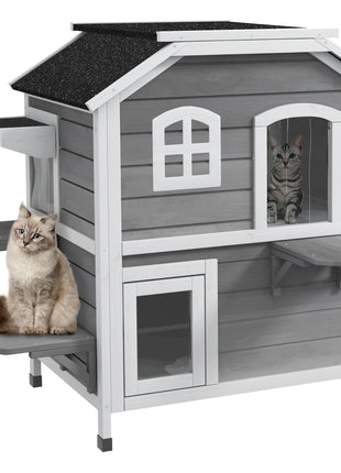 2-story Cat House Outdoor, Weatherproof Wooden Cat Enclosure for Feral Cats with Escape Door, Openable Roof, Jumping Platforms, Gray