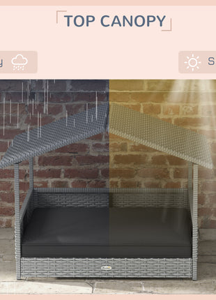 Wicker Dog House Outdoor with Canopy, Rattan Dog Bed with Water-resistant Cushion, Raised Pet Bed for Small, Medium Breeds up to 66 lbs, 20" in Length, Silver Wicker, Gray Cushion