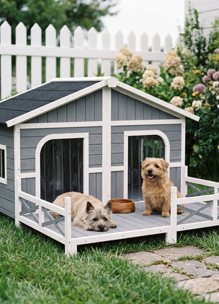 Dog House Outdoor, Wooden Dog Kennel Weatherproof with Porch, Openable Roof, Removable Bottom, Elevated Floor, Double Room for 2 Small to Medium Breeds, Gray
