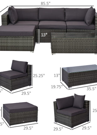 5-Piece Outdoor Sectional Furniture, Patio Sofa Set, PE Wicker Couch, Cushions, Pillows, Ottoman, Table, Charcoal