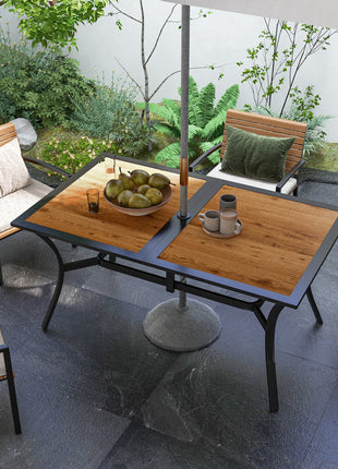Rectangular Patio Table with Umbrella Hole, Faux Wood Rectangle Outdoor Dining Table for 6 People for Garden, Brown