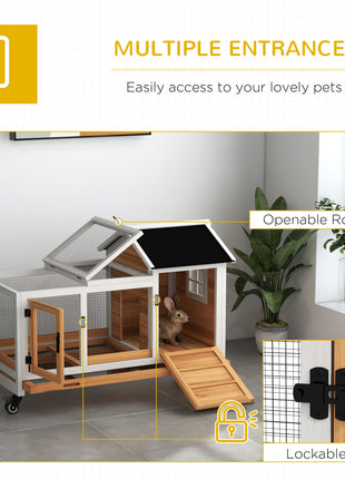 Wooden Rabbit Hutch with Wheels, Run, Slide-out Tray for Small Animals, Guinea Pig, Yellow