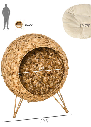 20.5" Weaved Cat Bed, Elevated Hand-woven Braided Banana Leaf Kitten House Condo with Cushion, Natural