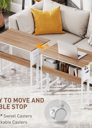 Folding Computer Desk, Foldable Desk with Storage Bag, Shelf and Wheels for Small Spaces, Home Office, Natural Wood