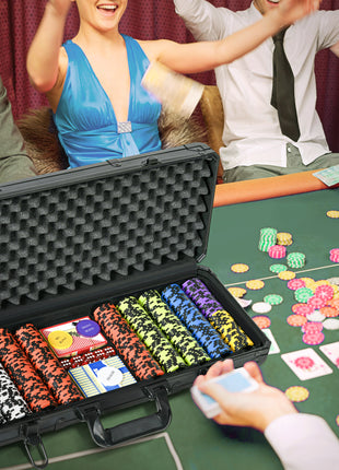 500PCs 14 Gram Clay Poker Chips Set Casino Poker Chips with Aluminum Case, Playing Cards, Dealer Button, 5 Dices