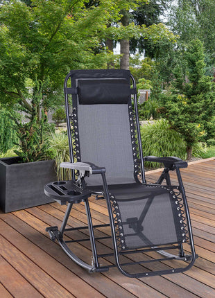 Outdoor Rocking Chairs, Foldable Reclining Zero Gravity Lounge Rocker with Pillow, Cup & Phone Holder, Combo Design with Folding Legs, Black