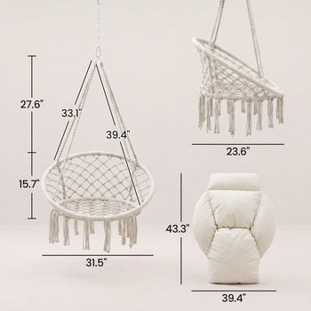 Hammock Swing Chair, Macrame Hanging Chair with Large Cushion, Chain, Steel Frame for Indoor Outdoor Use, Cream White