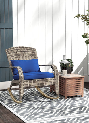 Adirondack Chair, Outdoor Wicker Rocking Chair with High Back, Seat Cushion, and Pillow for Porch, Balcony, Dark Blue