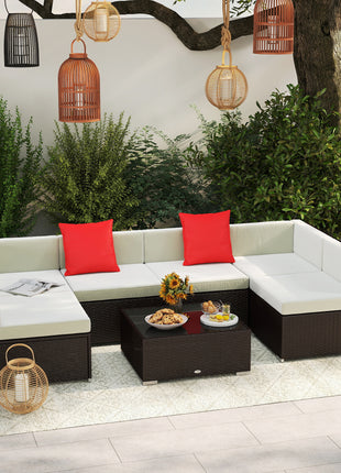 7 Piece Outdoor Patio Sofa Set with Cushions, All Weather PE Rattan, 29.5" Sofa Section, Glass Top Coffee Table for Outdoor Living, Beige