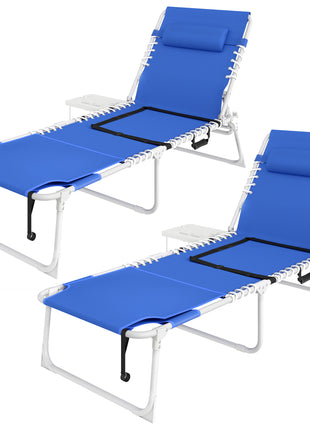 Tanning Chair Set of 2 with Face Hole and Side Table, 5-Position Folding Outdoor Chaise Lounge Chair, Navy Blue