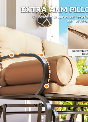 Swing Glider Rocking Chair, Double Patio Bench, 2 Person Loveseat with Steel Frame, Cushions, Pillow Armrests, Khaki