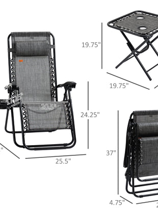Zero Gravity Chair Set with Side Table, Folding Reclining Chair with Cupholders & Pillows, Adjustable Lounge Chairs for Pool, Backyard, Lawn, Beach, Gray