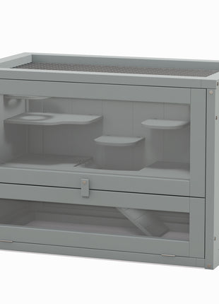 2-Level Hamster Cage with Openable Top, Door, Shelf, Ladder, Gray
