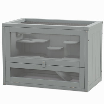 2-Level Hamster Cage with Openable Top, Door, Shelf, Ladder, Gray