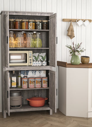 64" 4-Door Kitchen Pantry, Freestanding Storage Cabinet with 3 Adjustable Shelves for Kitchen, Gray Oak