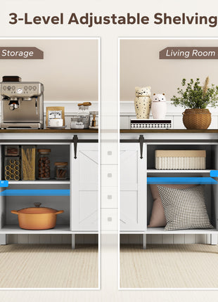 59" Buffet Cabinet, Farmhouse Sideboard with Thick Top, 2 Barn Doors, 4 Drawers and 2 Adjustable Shelves, White