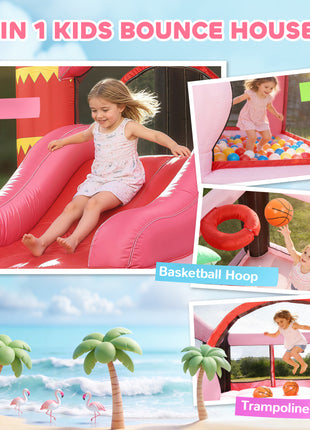 Inflatable Bounce House with Ball Pool, Basketball Hoop, Jumping Bouncy Castle with Blower for Indoor Outdoor, Pink