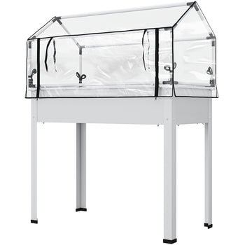 Elevated Garden Box with Greenhouse Cover, Raised Garden Bed with Legs and Drainage Hole for Vegetables, White
