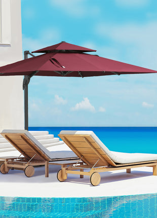 10ft Offset Patio Umbrella, Hanging Cantilever Umbrella, Square Shape, Aluminum Cross Base, Tilt, 360-Degree Rotation, Red