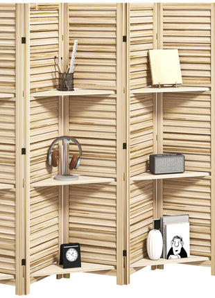 6 Panel 67" Tall Wood Privacy Screen Room Divider with 3 Shelves and Folding Storage for Bedroom, Natural Wood
