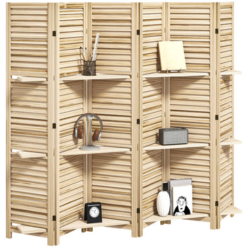 6 Panel 67" Tall Wood Privacy Screen Room Divider with 3 Shelves and Folding Storage for Bedroom, Natural Wood