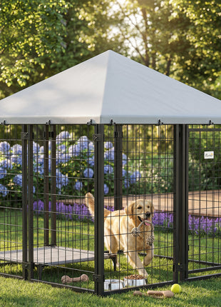 Lockable Dog House Kennel with Water-resistant Roof for Small and Medium Sized Pets, 4.7' x 4.7' x 5.1', Silver