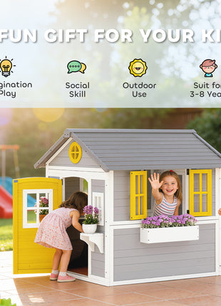 Wooden Playhouse for Kids Outdoor with Doors, Windows, Planter Pots and Boxes for Toddlers 3-8 Years, Gray