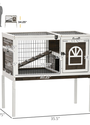 Wood Rabbit Hutch, Elevated Guinea Pig Cage with Run, Coffee